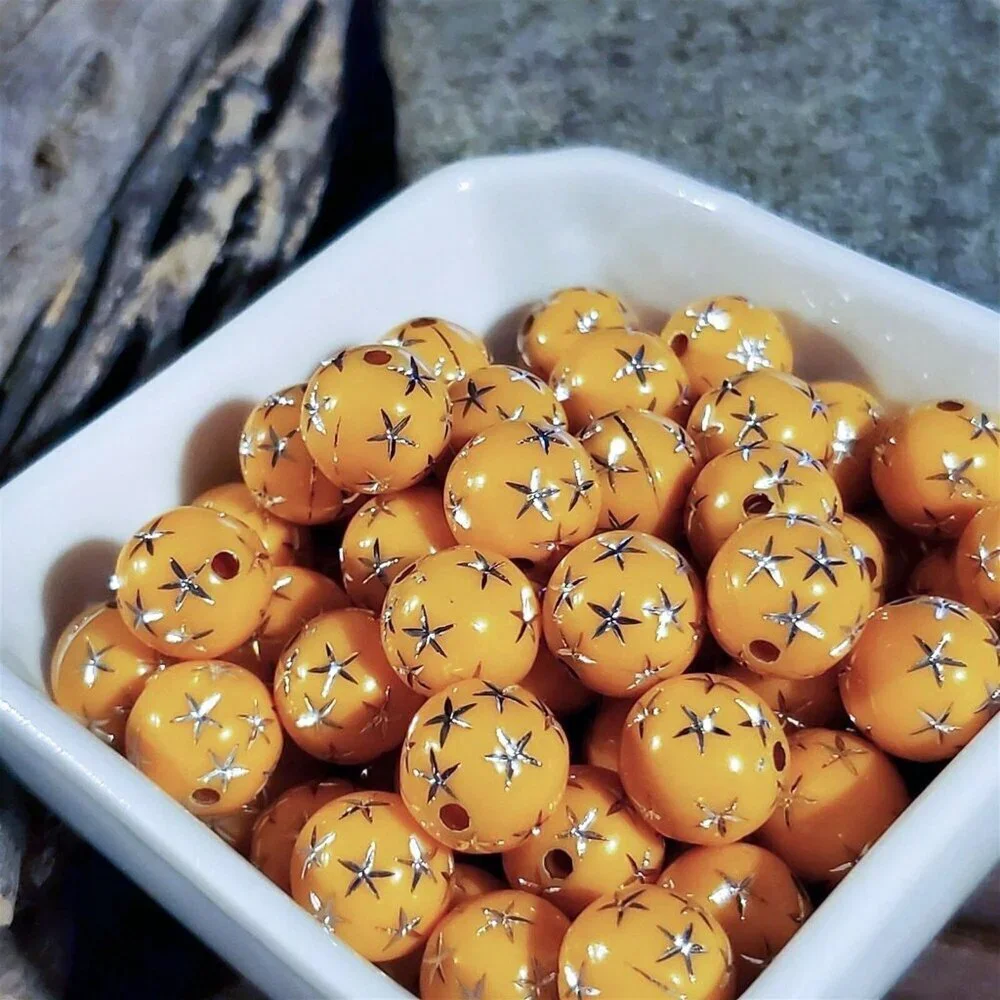 Vintage Retro Orange Silver Stars 12mm Round Acrylic Shabby Chic Beads 10 pcs